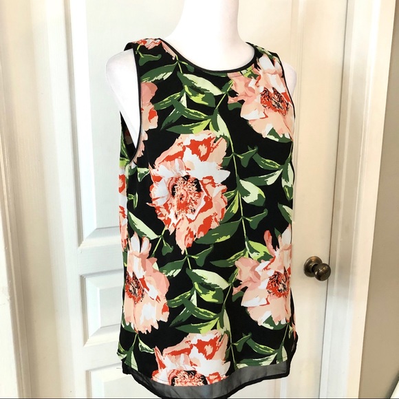 3/$20 like new H&M bold floral print blouse with sheer trim & crossed open back - Picture 2 of 7